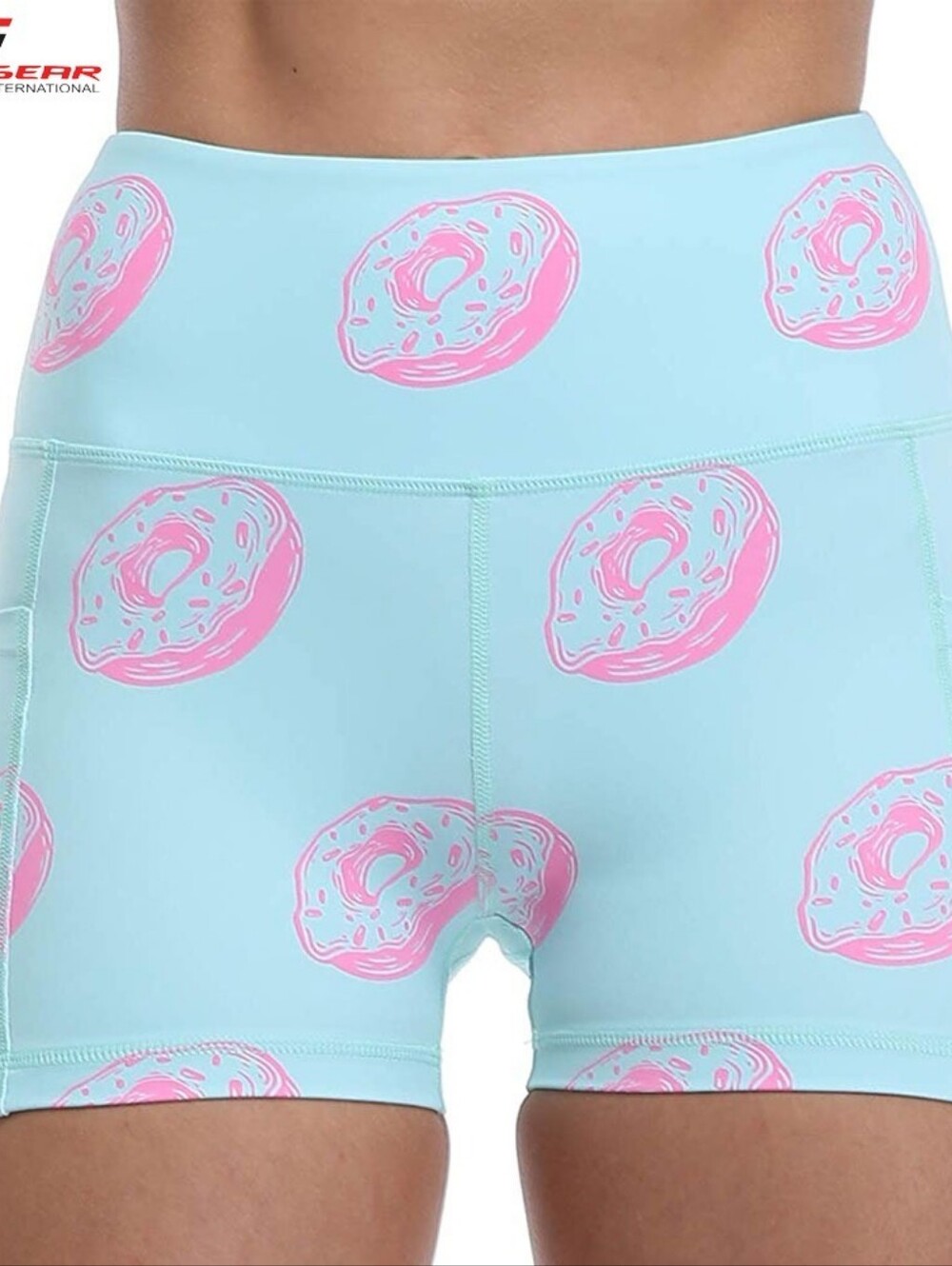 Women’s High-Waist Light Blue Athletic Shorts with Pink Donut Print